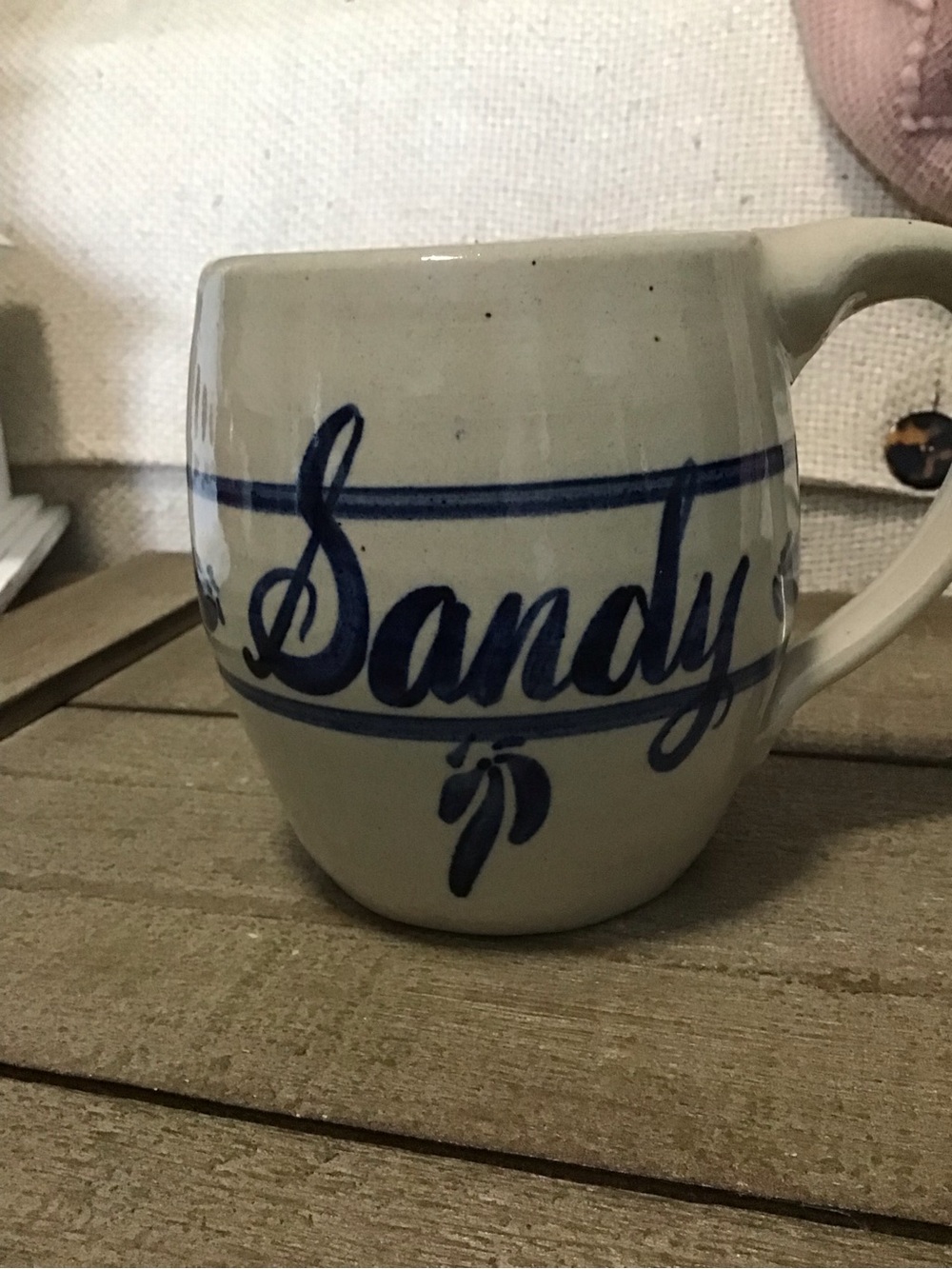 Cream Ceramic Mug with Blue Script Name Design